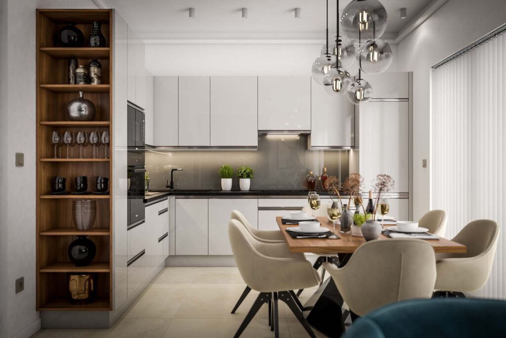 Modern letisztult konyhabútor és elegáns étkező